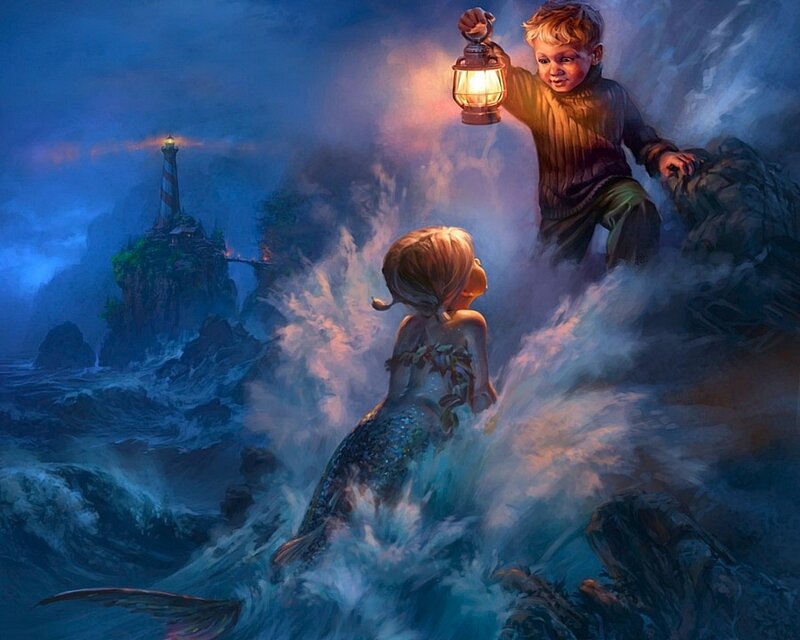 Mermaid and boy on stormy shore