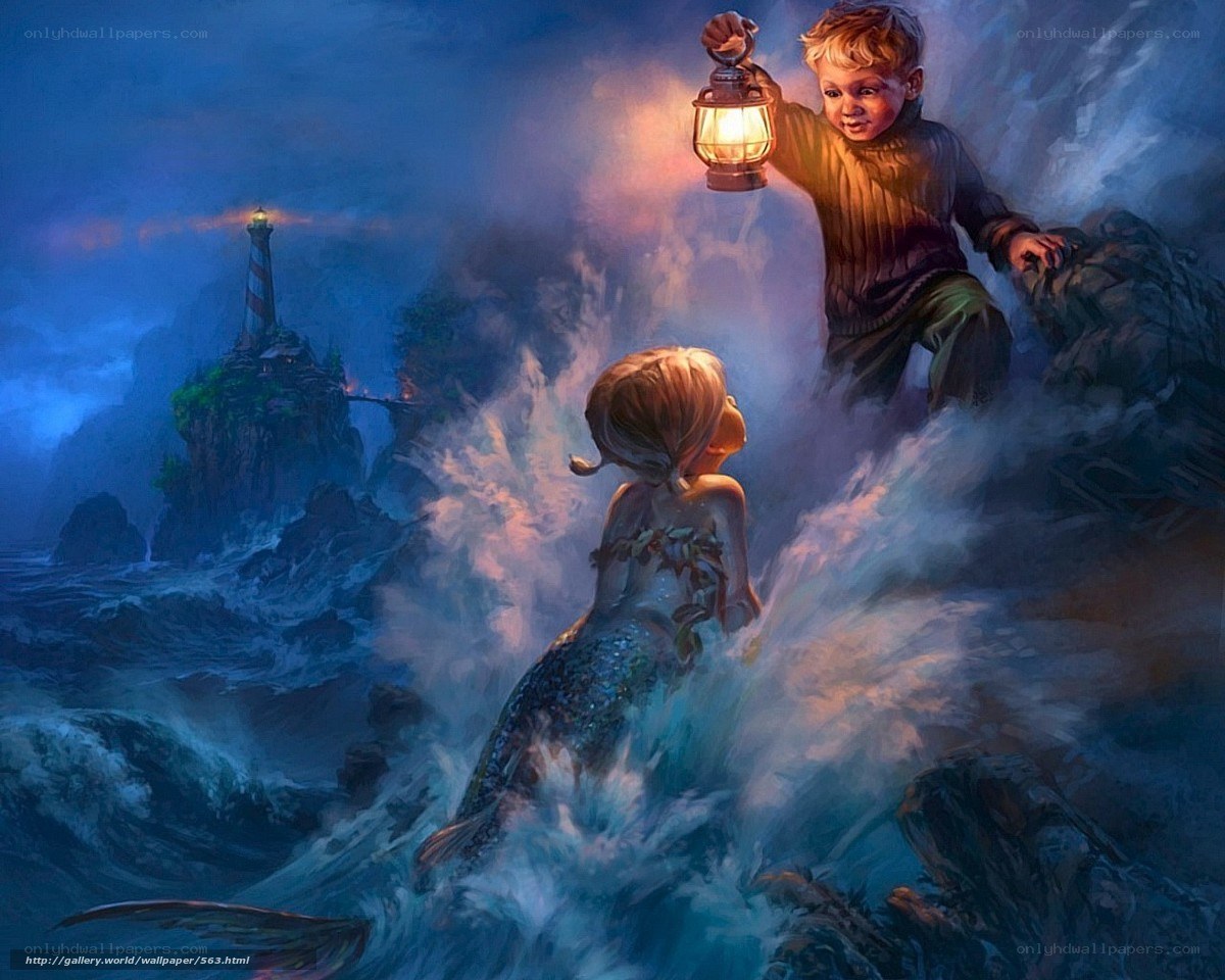 Mermaid and boy with lantern