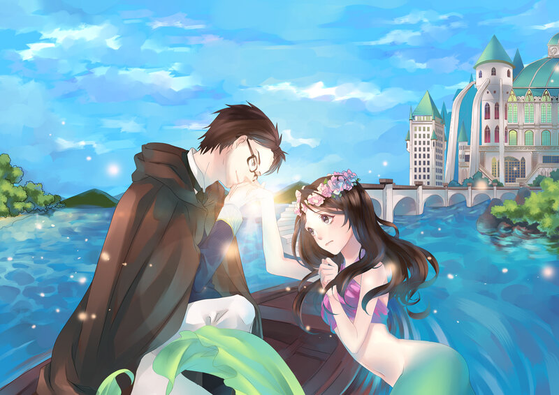 Mermaid and Man in Boat — Blue