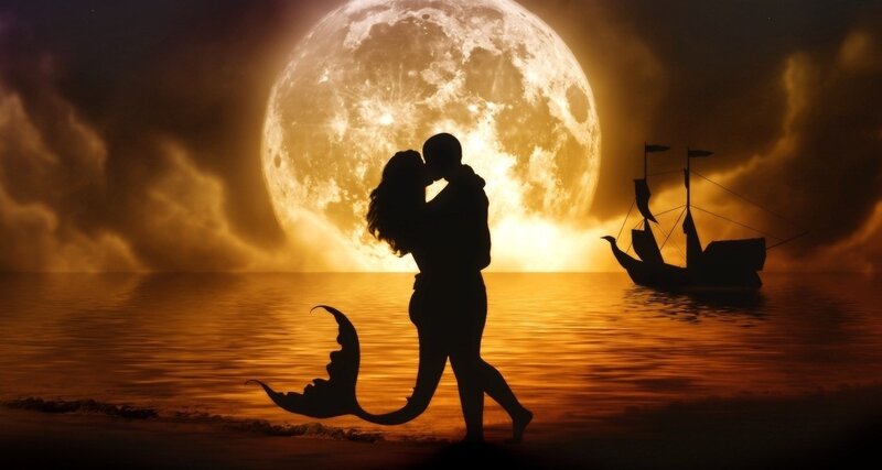 Mermaid and Man Kissing — Orange