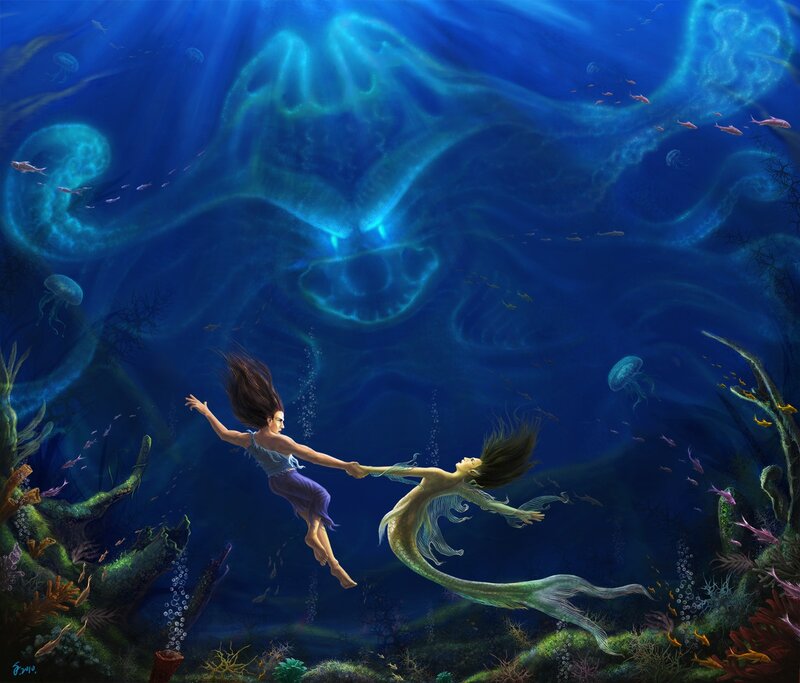 Mermaid and Man Underwater — Blue, Serene
