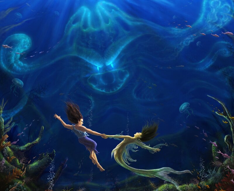 Mermaid and Man Underwater — Blue
