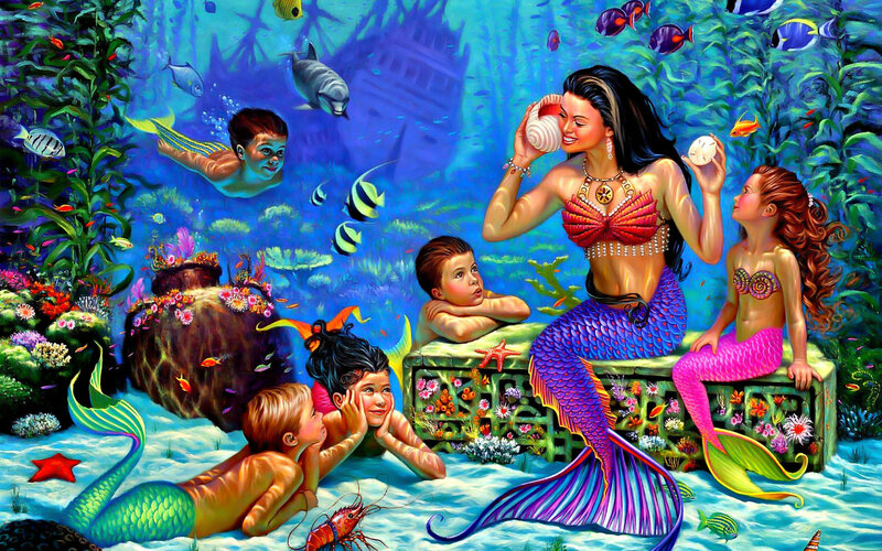 Mermaid Family Underwater — Blue