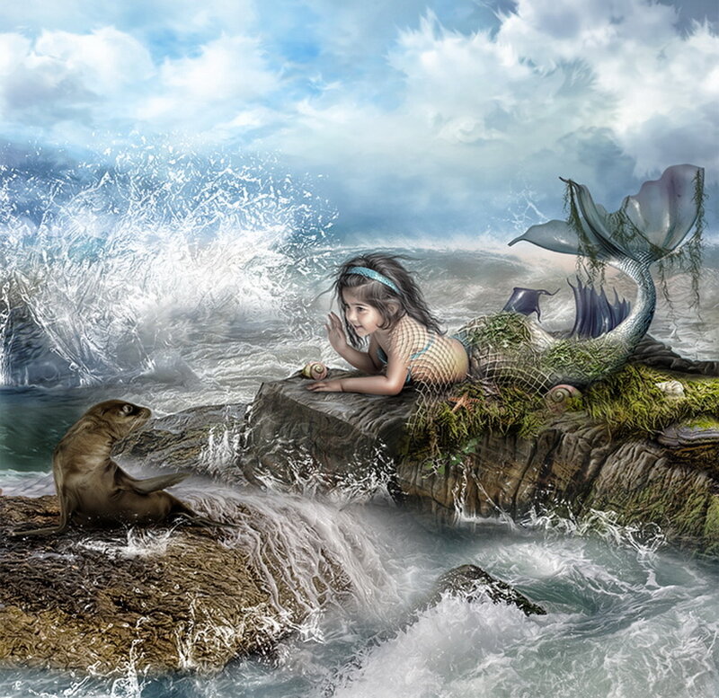 Mermaid Girl on Rock — Blue