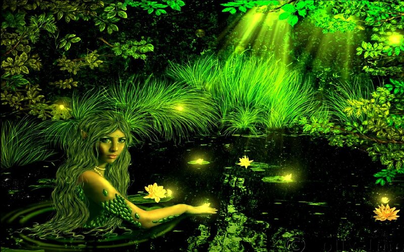 mermaid in a glowing forest pond