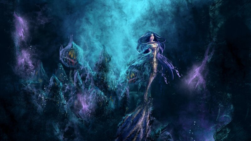 Mermaid in Dark Water — Blue, Dramatic, Night, Digital Art