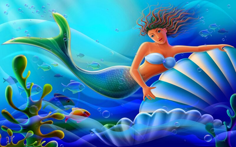 Mermaid in Ocean — Blue, Serene, Digital Art, Fish, Seaweed, Bubble