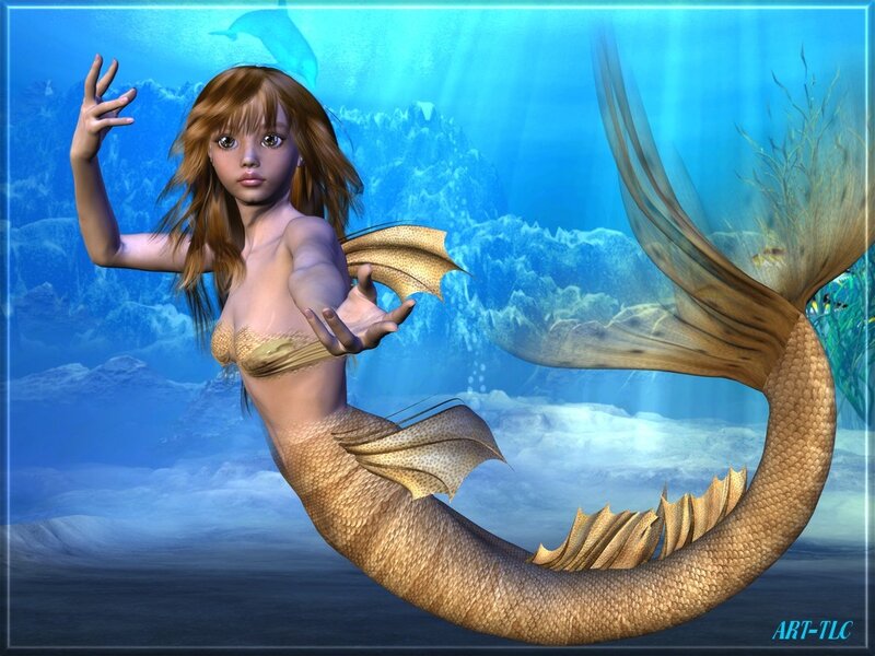 Mermaid in Ocean — Blue, Serene, Digital Art, Seaweed
