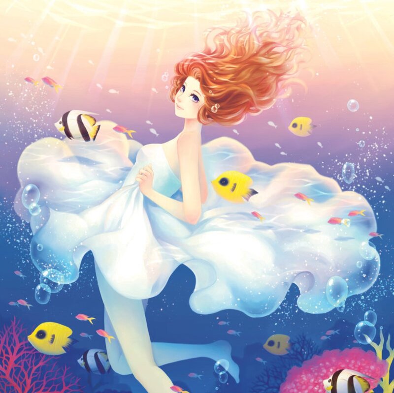 Mermaid in Ocean — Blue, Serene, Night, Digital Art, Fish, Coral