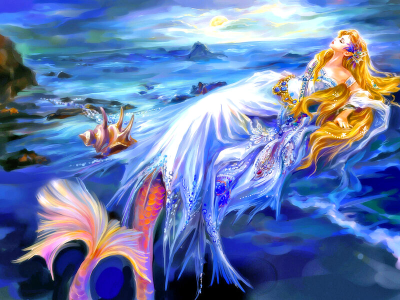 Mermaid in Ocean — Blue, Serene, Night