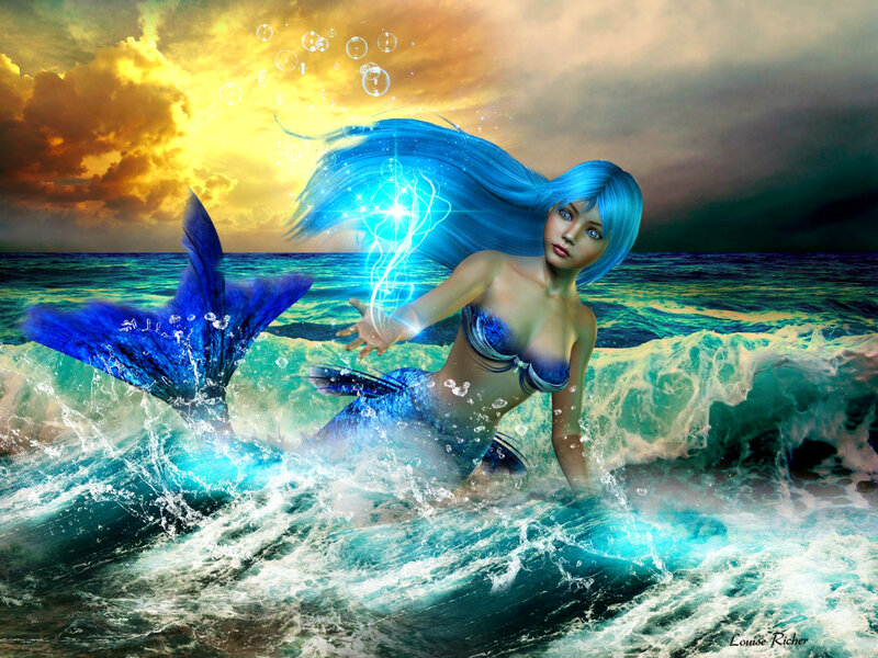 Mermaid in Ocean Waves — Blue, Dramatic, Sunset