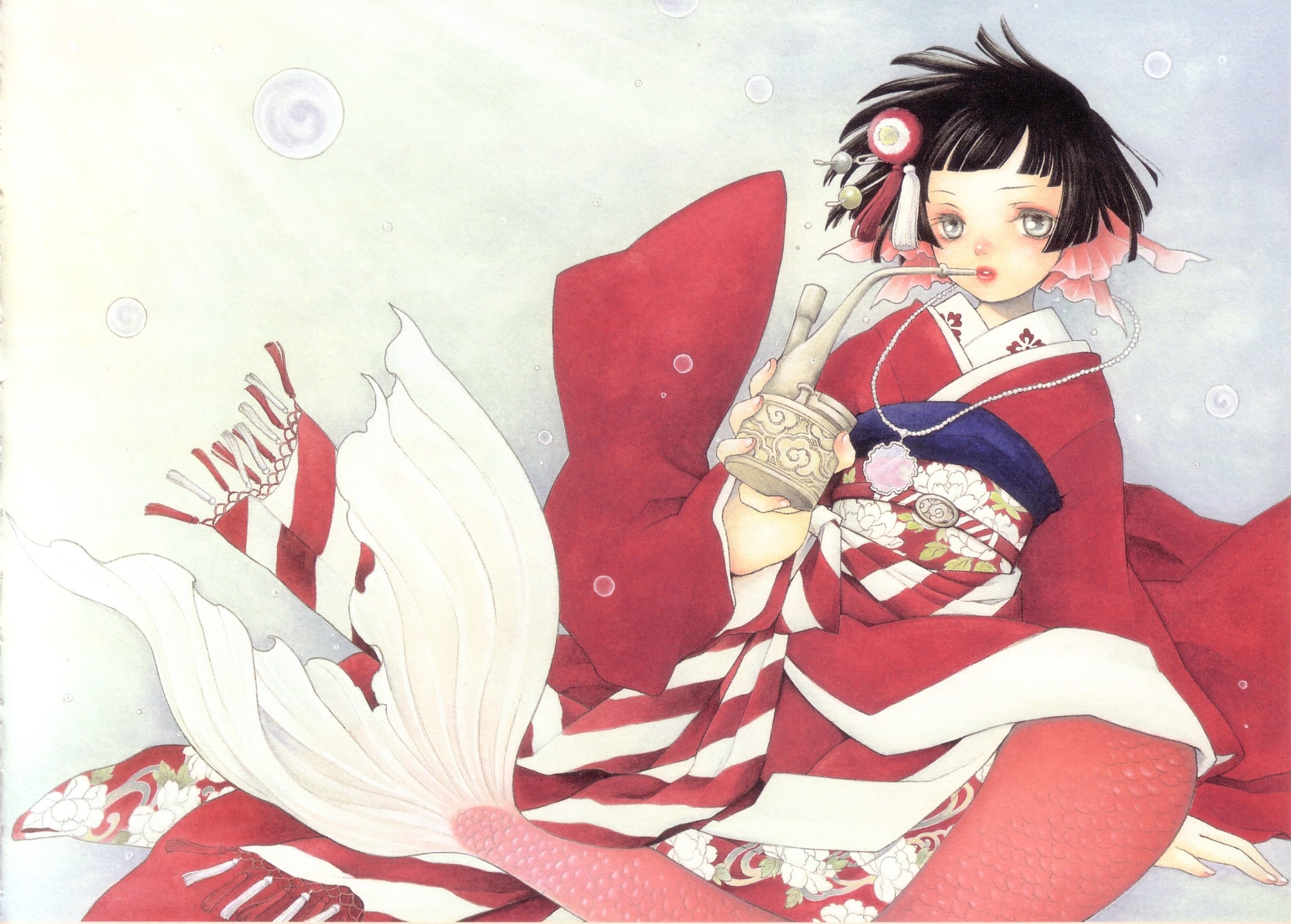 mermaid in red kimono