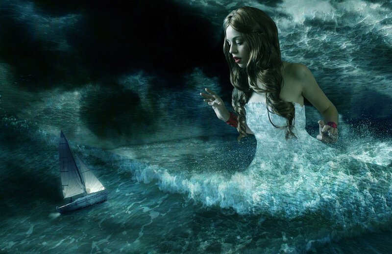 Mermaid in Stormy Sea — Blue, Dramatic