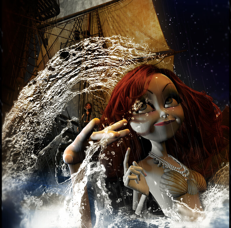 Mermaid in Stormy Sea — Red