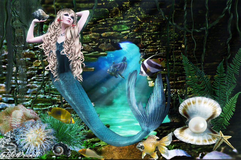 Mermaid in Underwater Cave — Blue, Serene