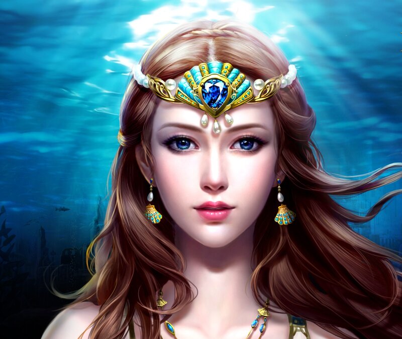 Mermaid in Underwater Scene — Blue, Serene, Digital Art, Jewelry