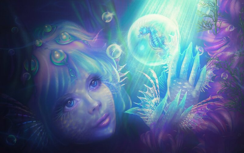 Mermaid in Underwater Scene — Blue, Serene, Night, Digital Art, Seahorse