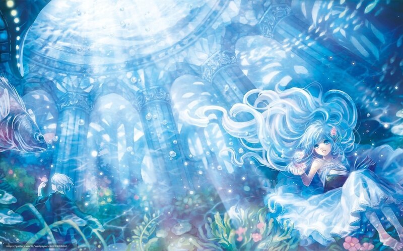 Mermaid in Underwater Temple — Blue, Serene