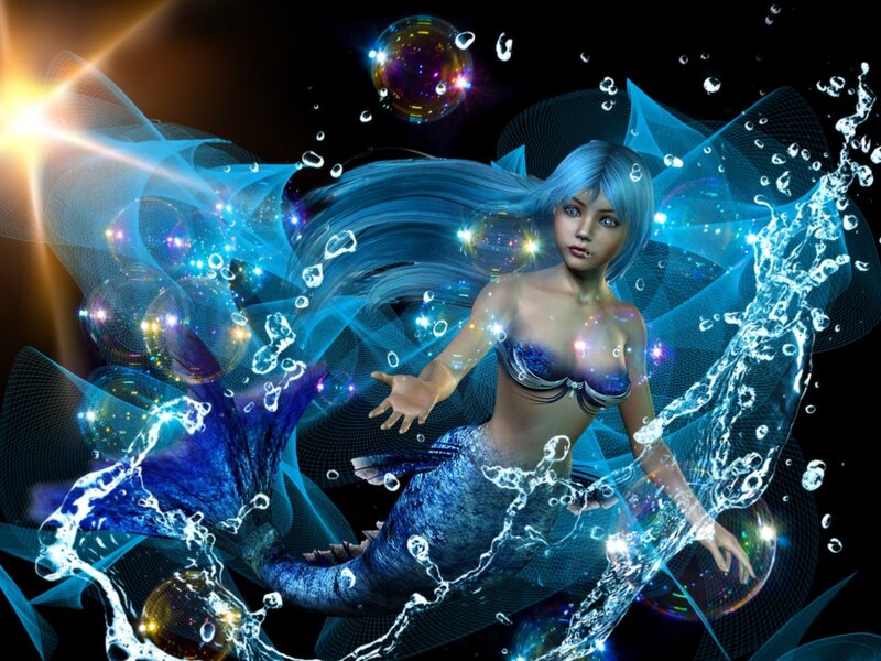 Mermaid in Water — Blue, Dramatic, Night, Digital Art, Bubbles