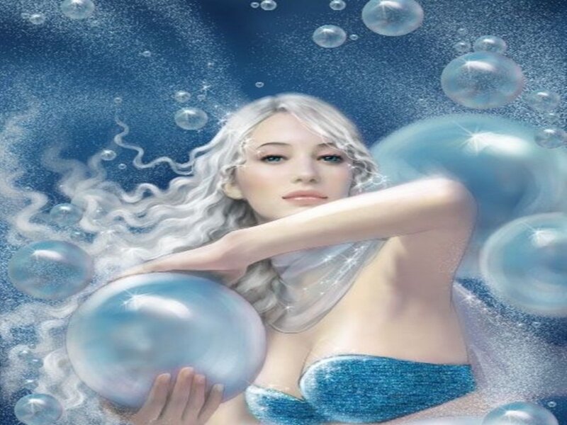 Mermaid in Water — Blue, Serene, Digital Art, Bubbles, Hair