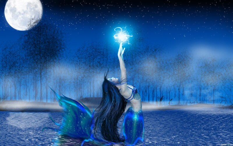 Mermaid in Water — Blue, Serene, Night