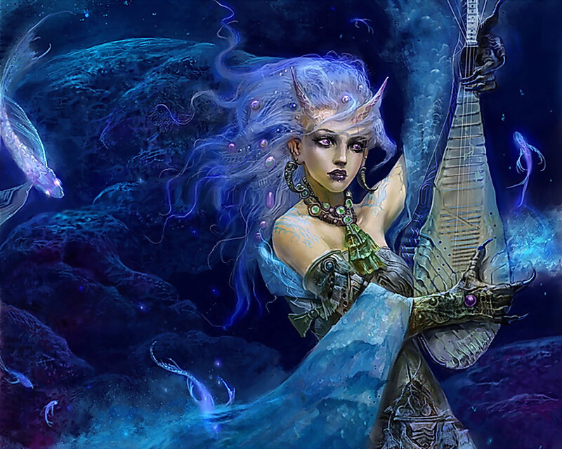 Mermaid musician in deep sea