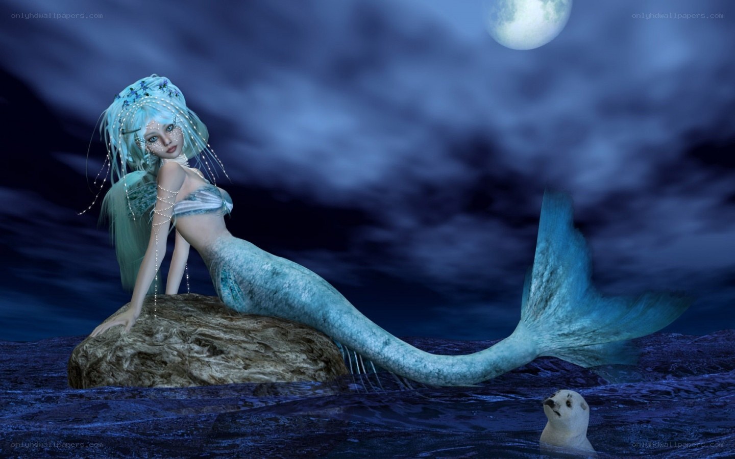Mermaid on a moonlit rock