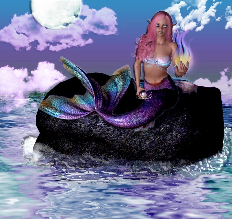 mermaid on a rock at night