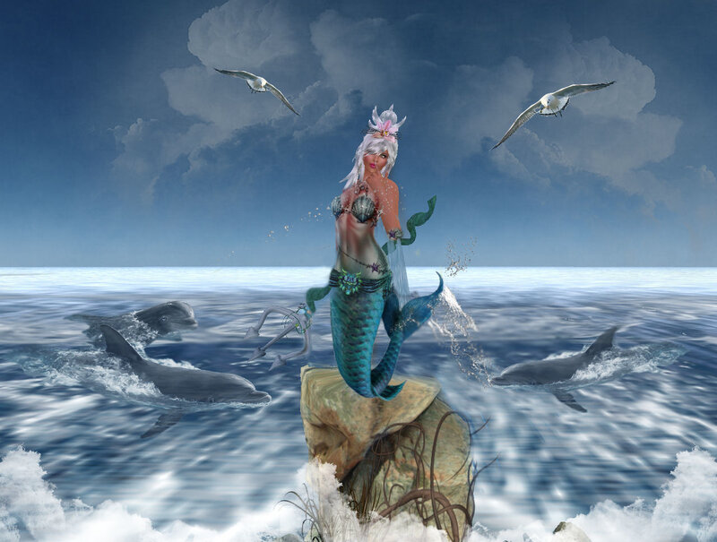 Mermaid on a Rock — Blue, Dramatic, Afternoon, Digital Art