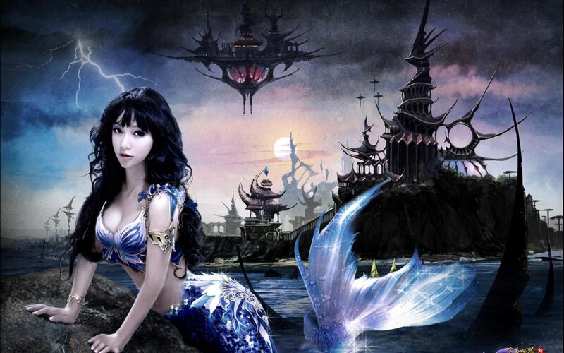 Mermaid on a Rock — Blue, Dramatic, Night