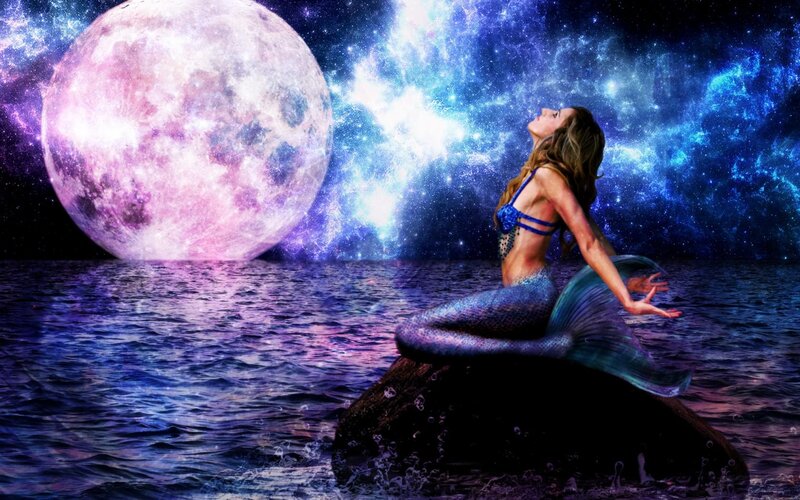 Mermaid on a Rock — Blue, Dreamy