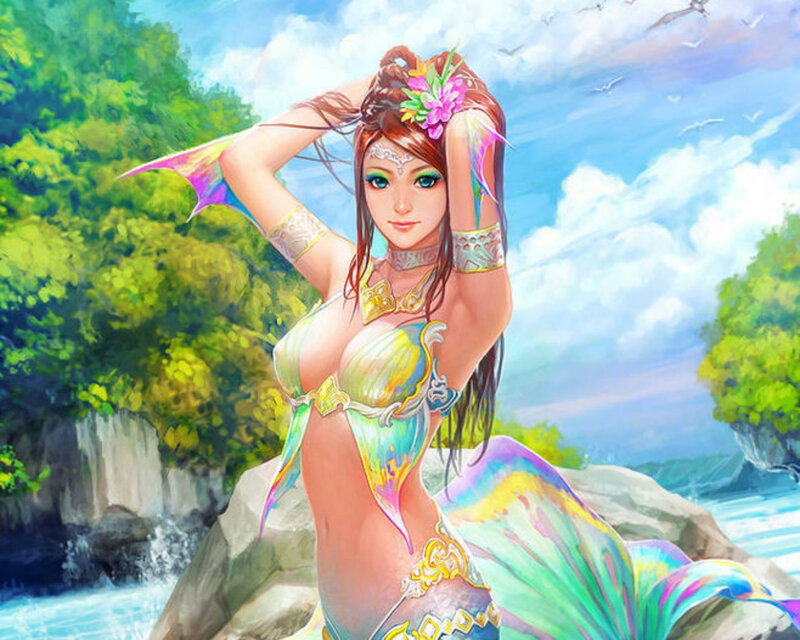 Mermaid on a Rock — Blue, Serene, Afternoon, Digital Art, Flowers
