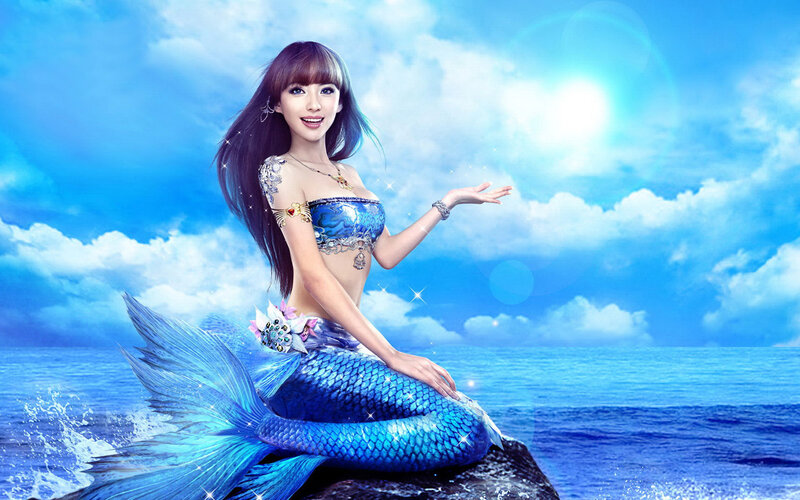 Mermaid on a Rock — Blue, Serene, Afternoon, Digital Art, Ocean