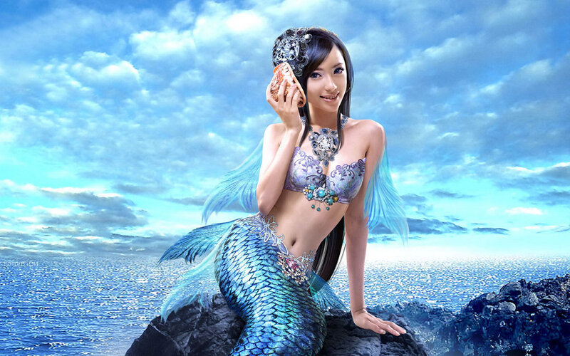 Mermaid on a Rock — Blue, Serene, Afternoon, Digital Art, Sea