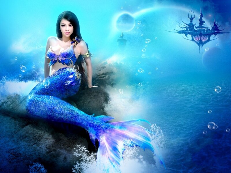 Mermaid on a Rock — Blue, Serene, Digital Art, Bubbles
