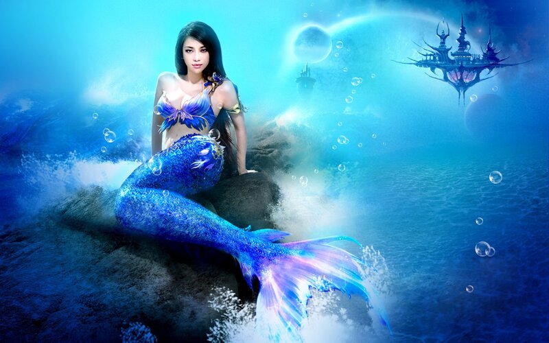Mermaid on a Rock — Blue, Serene, Digital Art