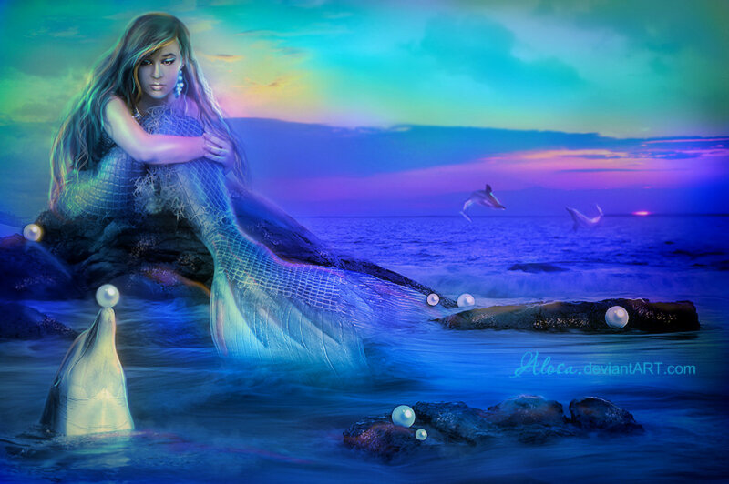 Mermaid on a Rock — Blue, Serene, Sunset, Digital Art
