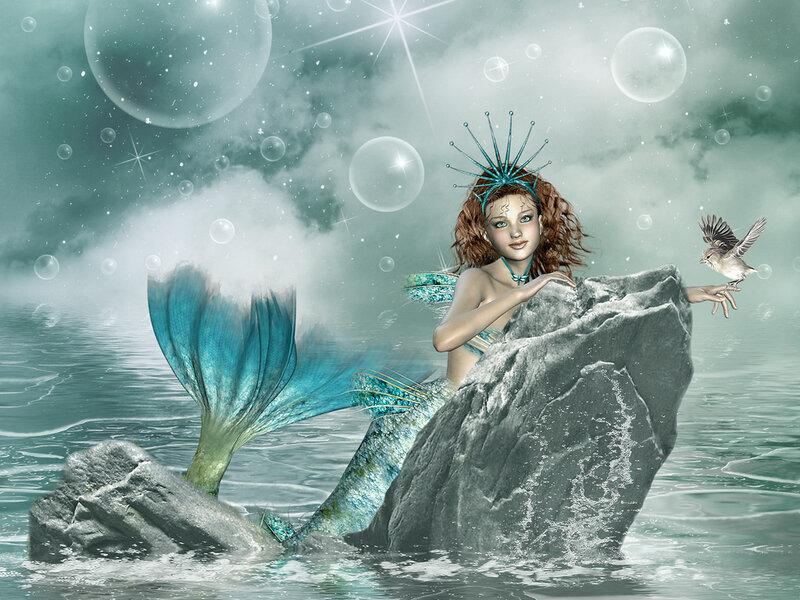 Mermaid on a Rock — Blue, Serene
