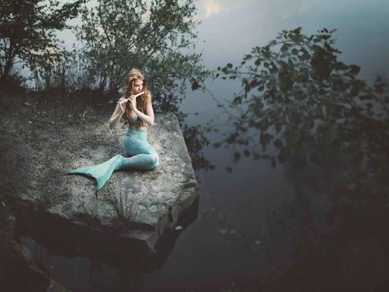 Mermaid on a Rock — Green, Serene, Afternoon, Photograph
