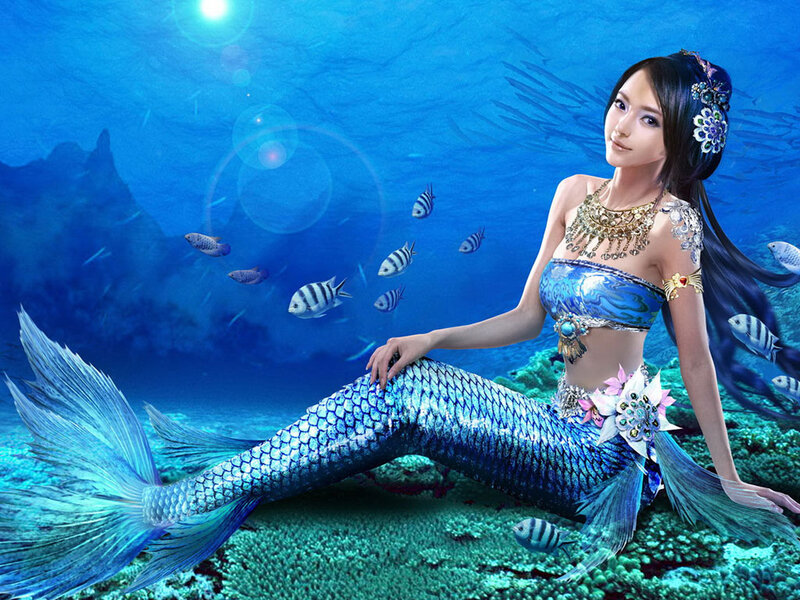 Mermaid on Ocean Floor — Blue, Serene