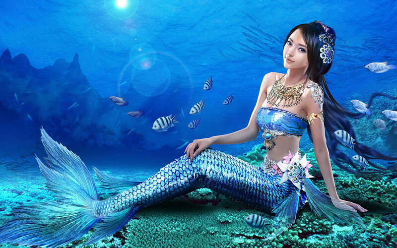 Mermaid on Ocean Floor — Blue