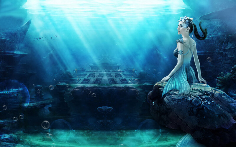 Mermaid on Rock — Blue, Serene, Digital Art