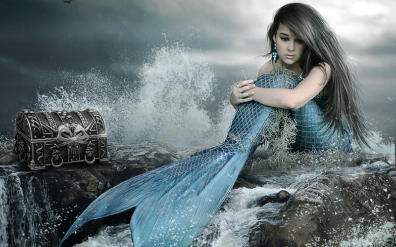 Mermaid on Rocks — Blue, Dramatic, Digital Art