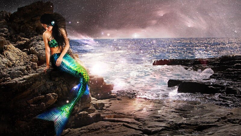 Mermaid on Rocky Shore — Blue, Dramatic, Night, Digital Art, Ocean