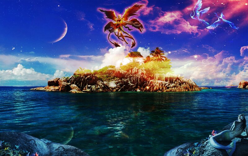 Mermaid on Rocky Shore — Blue, Fantastical