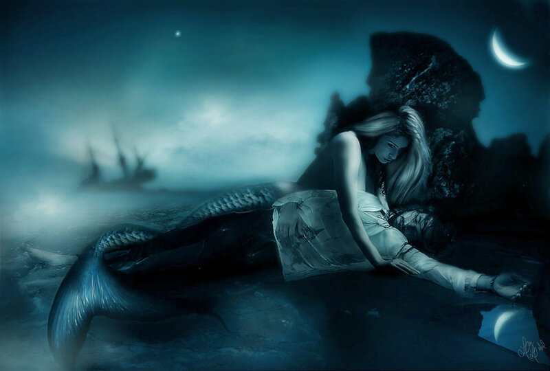 Mermaid on Rocky Shore — Blue
