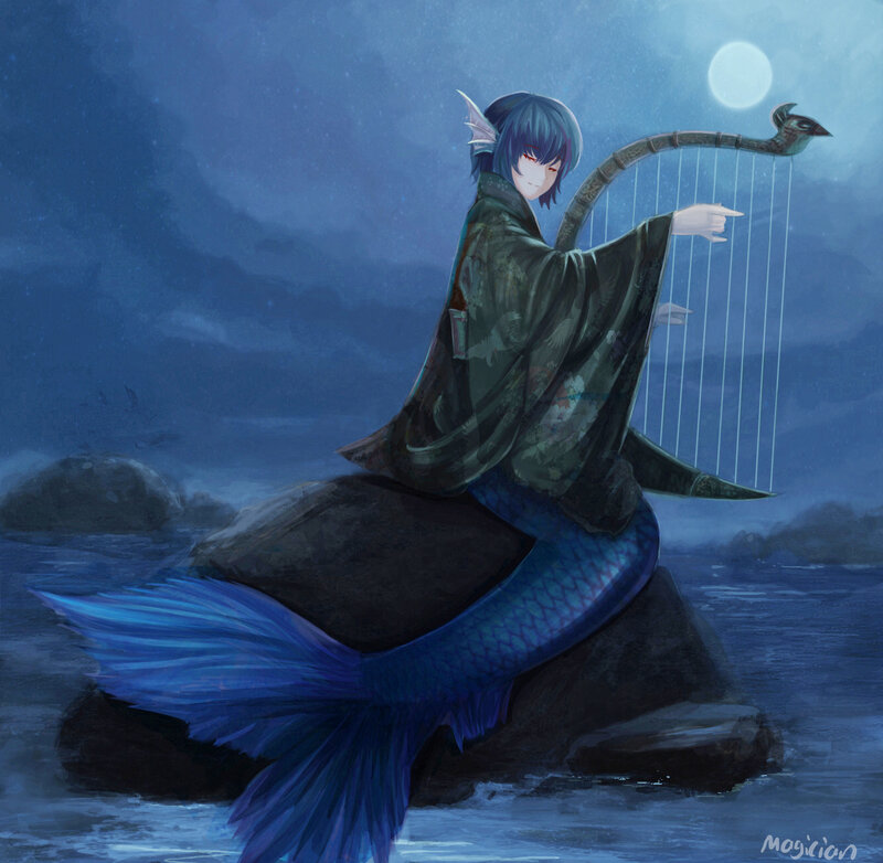 Mermaid Playing Harp — Blue, Serene, Night