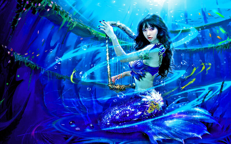 Mermaid Playing Harp — Blue