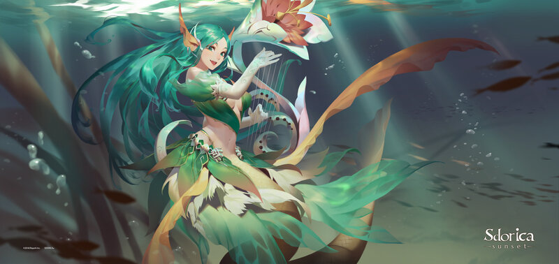 Mermaid Playing Harp — Green, Serene