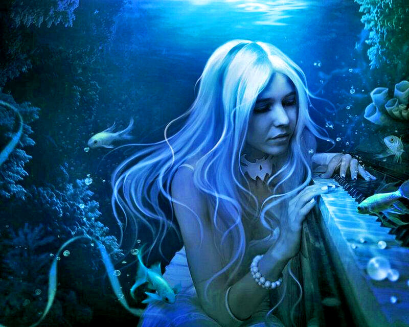 Mermaid Playing Piano — Blue, Serene